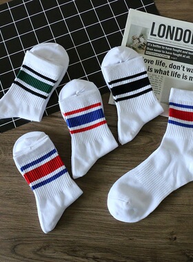 三道杠条纹口休闲中筒袜运动袜袜薄款春夏秋季袜子学生潮流跑步袜
