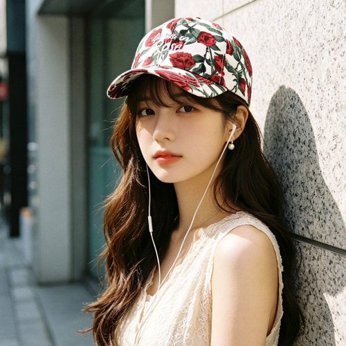 韩国代购ROSE玫瑰印花棒球帽女夏