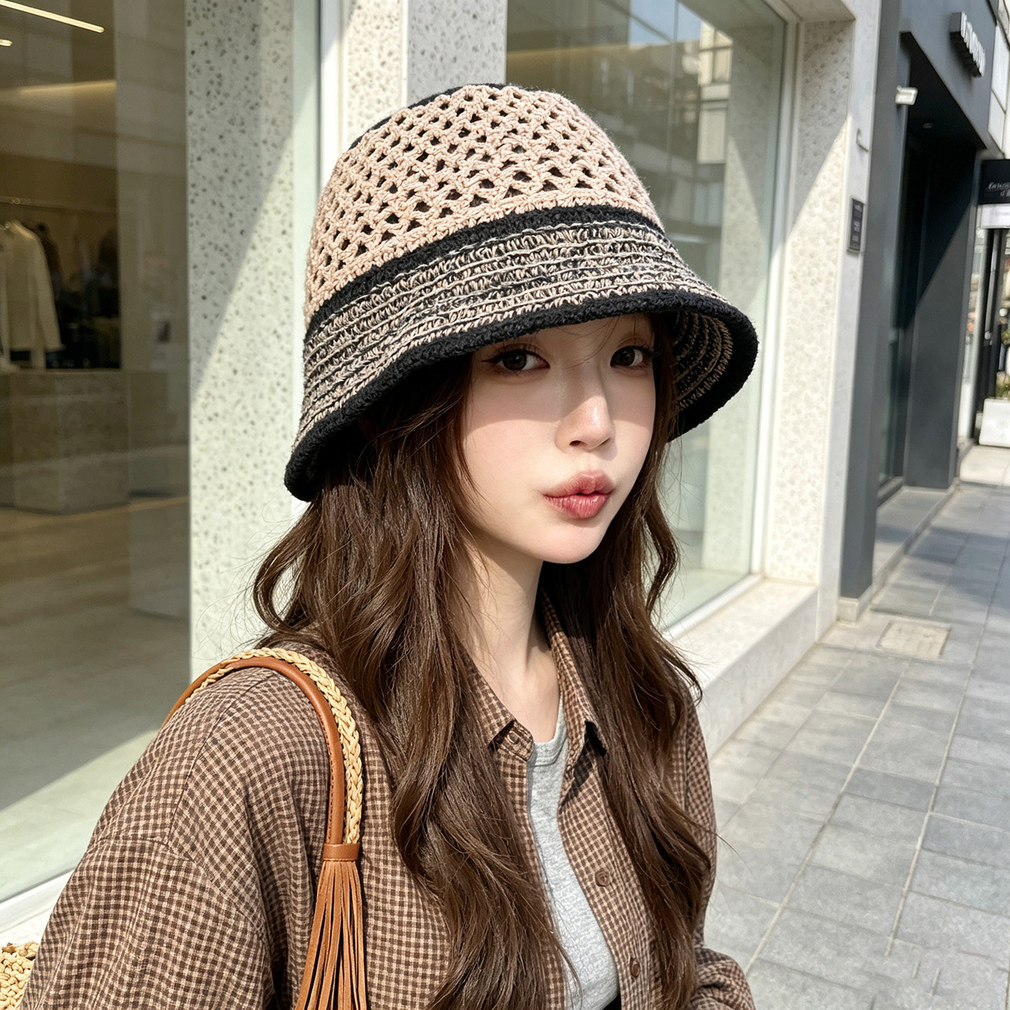 韩代拼色镂空针织渔夫帽女夏秋