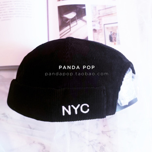 韩国代地主帽子无沿帽瓜皮帽男女秋冬款灯芯绒字母NYC rapper最爱