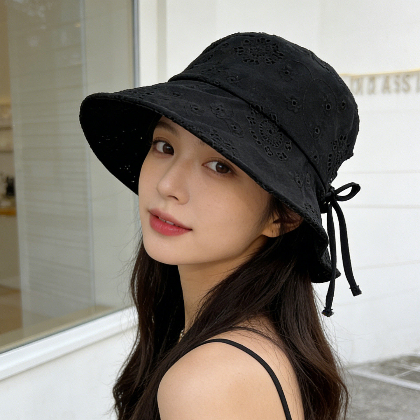 渔夫帽韩国东大门代购刺绣纹路蝴蝶结遮阳帽子明星同款女春夏新款