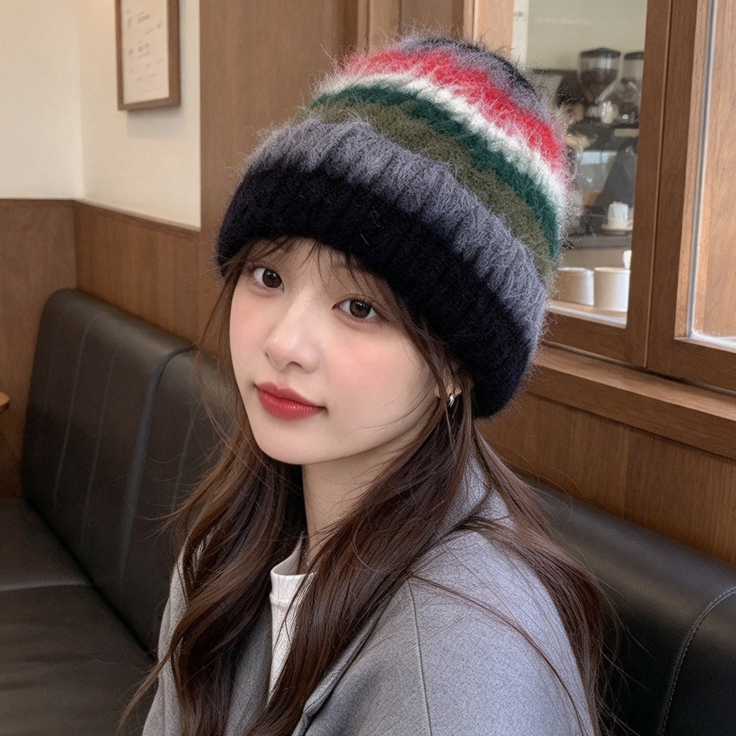 韩代秋冬羊毛混纺彩虹条纹毛线帽