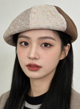 韩国代购羊毛混纺拼色贝雷帽女秋