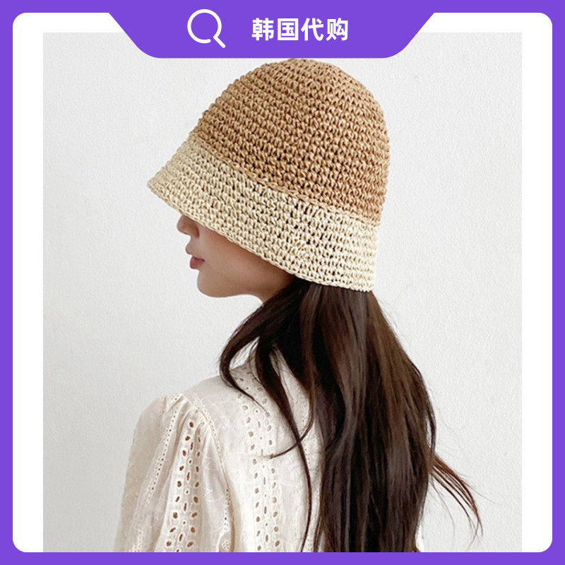 韩国代购水桶草帽渔夫帽防晒时尚双色遮阳草编男女夏季CHIC新款