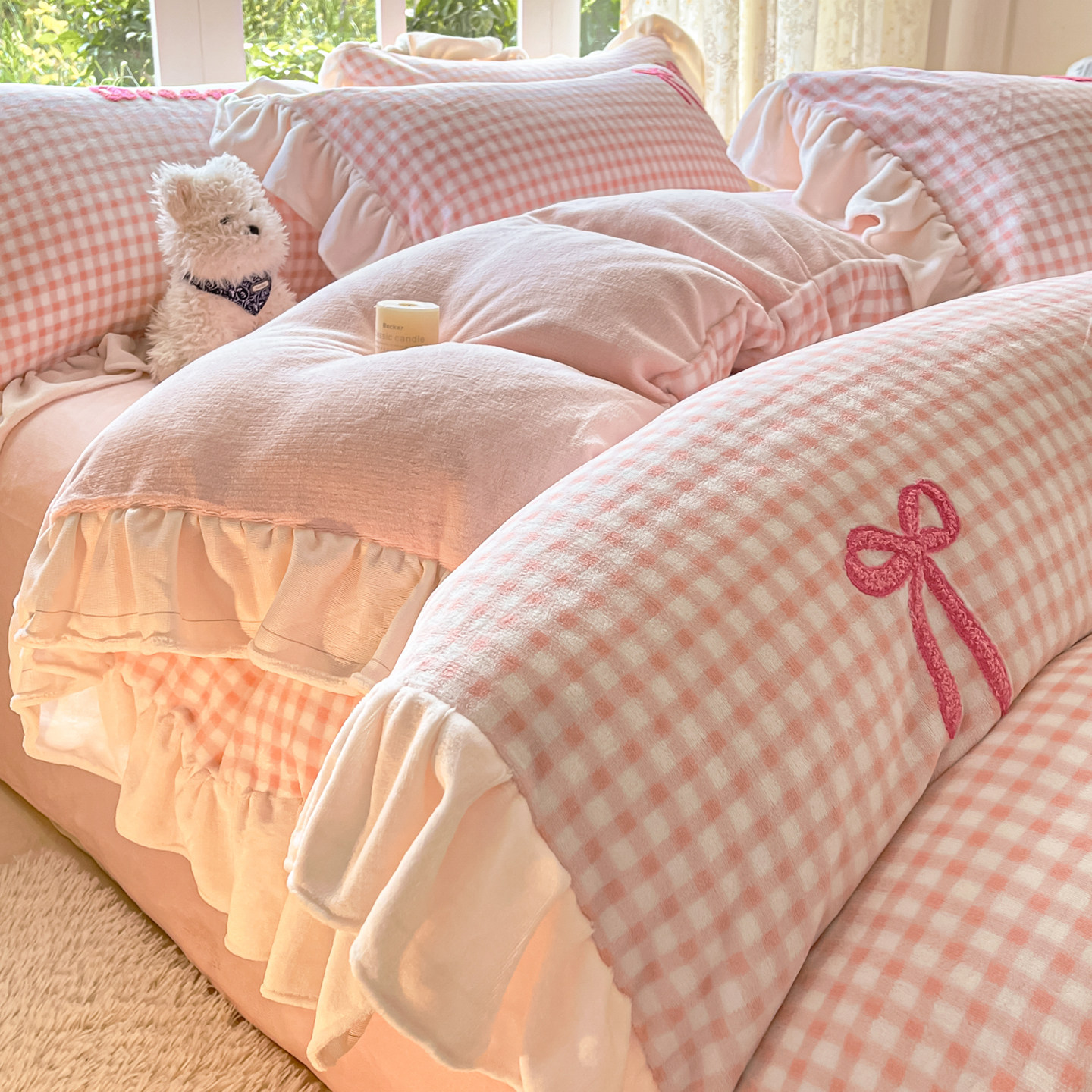 牛奶绒床上四件套加厚珊瑚绒双面加绒被套绣花蝴蝶花边床单三件套,床上用品,被套,淘宝优惠券,粉丝福利购,淘宝优惠卷