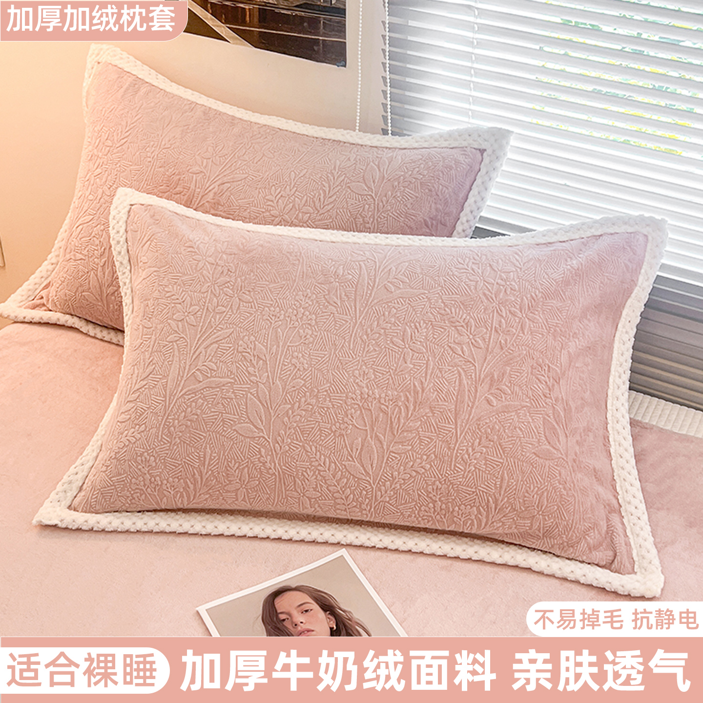 秋冬牛奶绒枕头套家用一对装加厚
