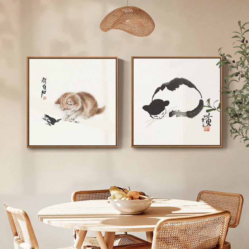 二狗姑娘 齐白石猫趣图3幅 新中式儿童房动物三联装饰画图片