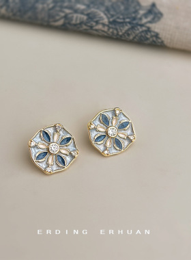 原创国潮新中式纹样镀银针珐琅滴釉图纹复古耳饰工厂耳钉 饰品女