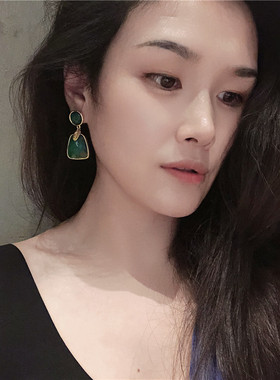 银针高级感18K包金边拉丝彩色水晶几耳环气质百搭何形耳坠耳饰品