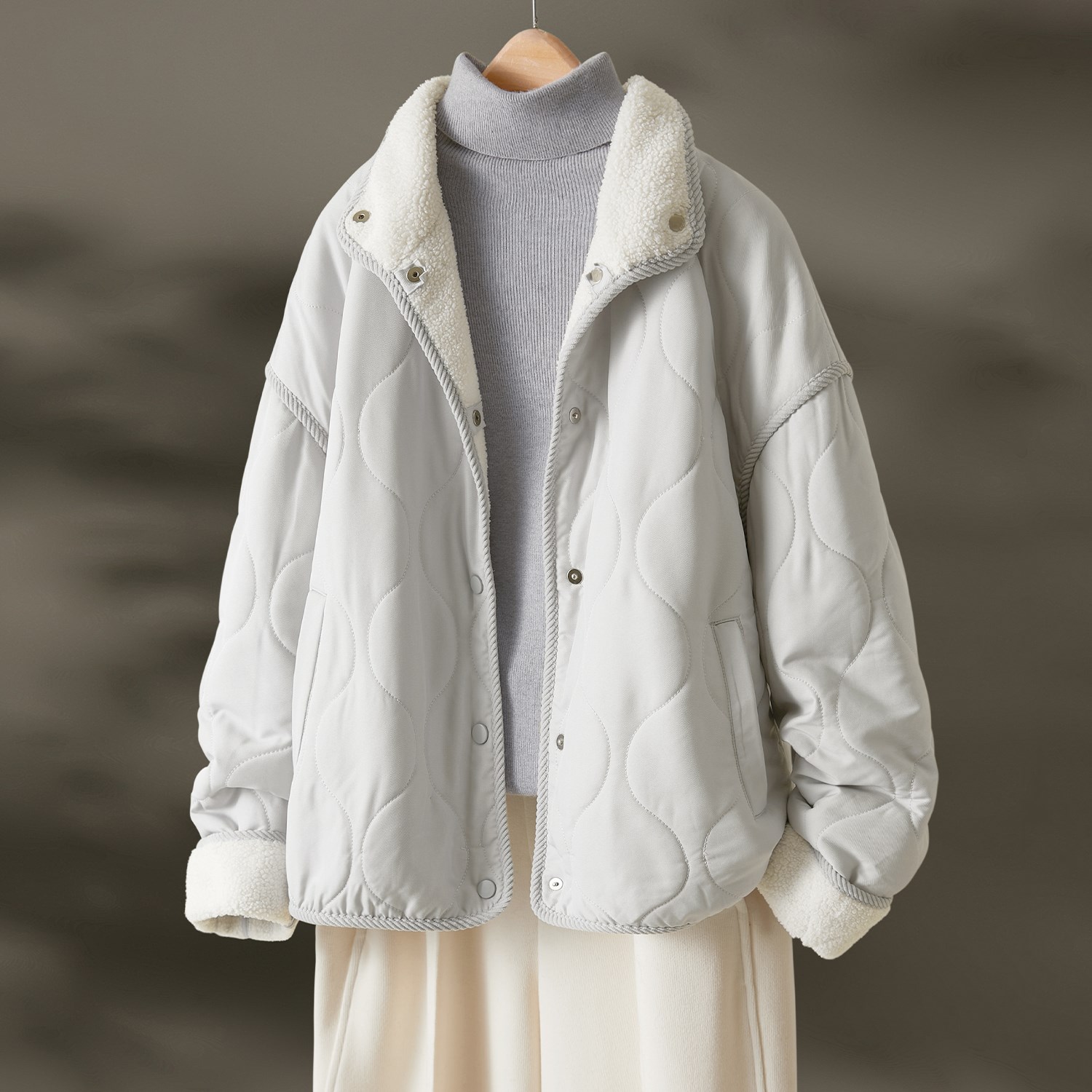 海谧简约暖冬毛绒拼接棉衣
