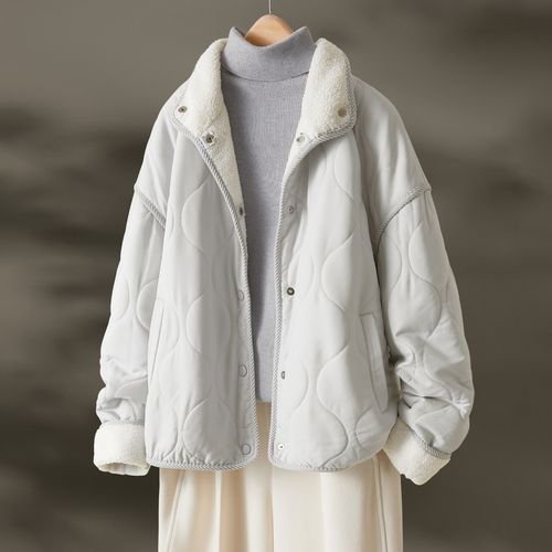 海谧简约暖冬毛绒拼接棉衣