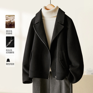 翻领机车风短款 YBAI 女装 2025冬新款 手工双面绵羊毛大衣外套 亦白