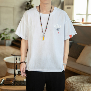 风夏季刺绣薄款亚麻男士大码短袖T恤男YM63/30