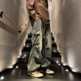 日系工装牛仔裤男春秋季青少年重磅潮牌痞帅大口袋宽松阔腿休闲裤，男装牛仔裤，钱塘322（原A036）
