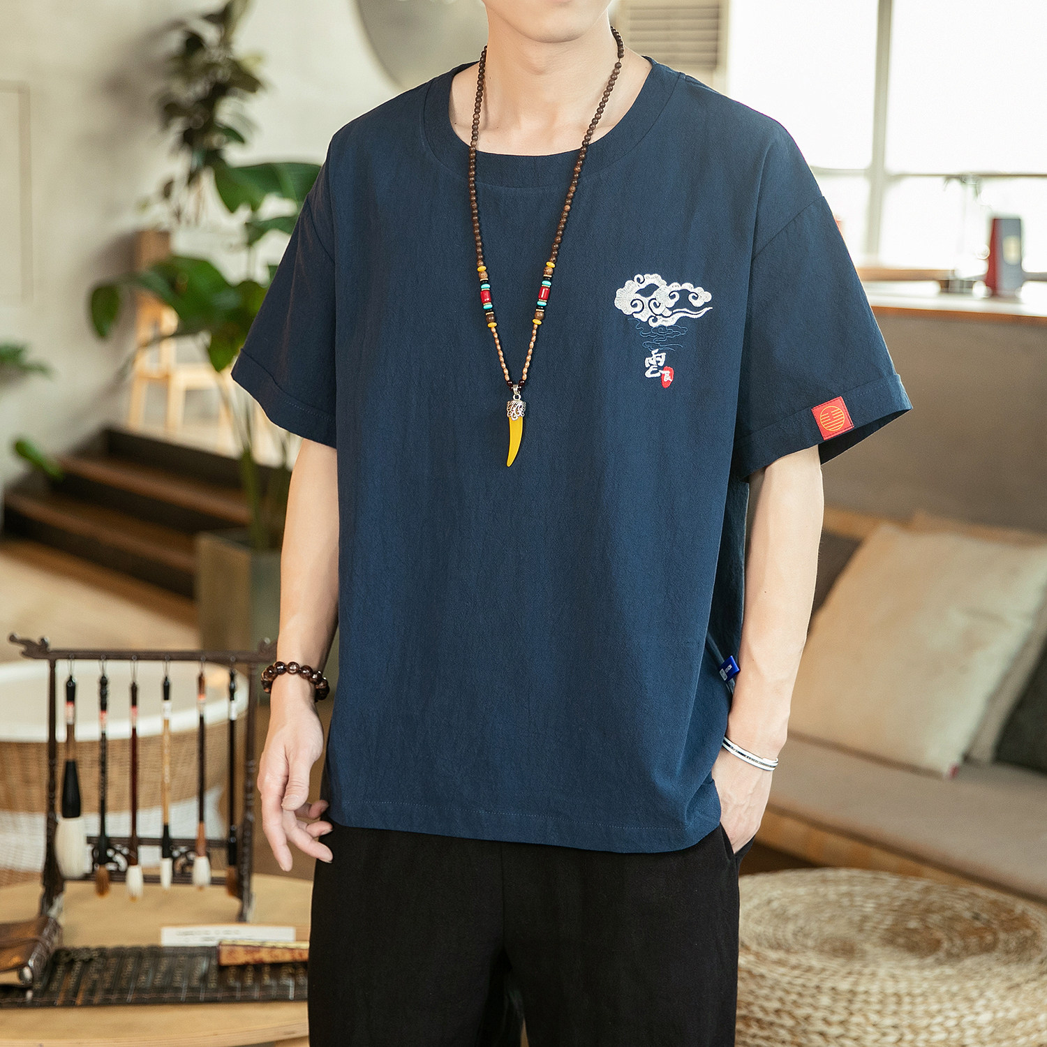 风夏季刺绣薄款亚麻男士大码短袖T恤男YM63/40,男装T恤,钱塘322（原A036）
