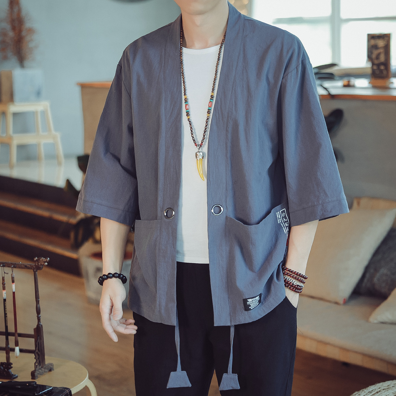 风亚麻七分袖开衫男薄款复古日系和服开衫道袍A036-HF03/P35图片