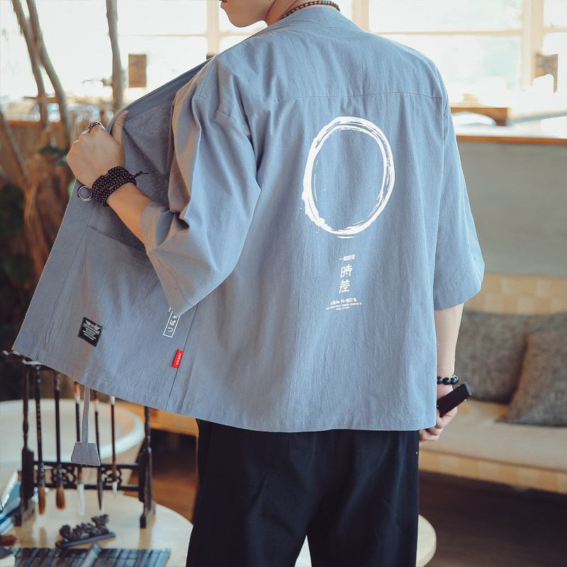 风亚麻七分袖开衫男薄款复古日系和服开衫道袍A036-HF03/P35,男装衬衫,钱塘322（原A036）