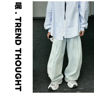 呡.TREND THOUGHT丨JIUJIN加厚抓绒牛仔裤水洗做旧宽松阔腿裤