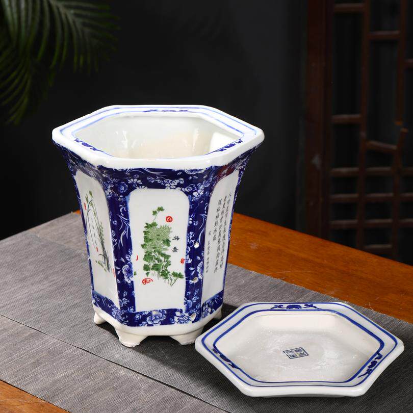 景德镇高脚新中式带托盘户外大型花盆梅兰竹菊陶瓷兰花专用盆兰草
