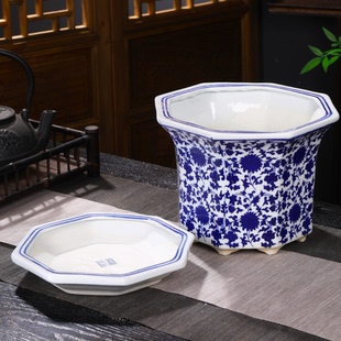 江西景德镇高温陶瓷花盆带托盘大码大号矮胖宽口大口兰花兰草盆家
