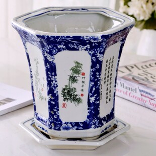 景德镇青花瓷花盆高筒落地多肉植物带托盘大口径栽树户外花钵高脚