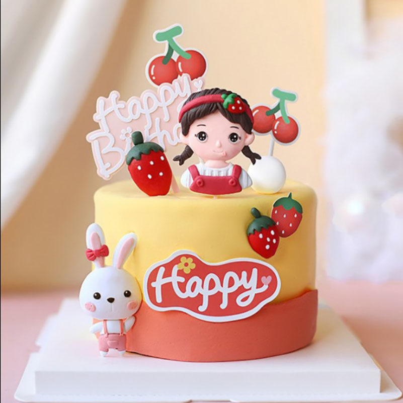 烘焙蛋糕装饰软陶波点草莓女孩背带裤小兔儿童少女心生日派对摆件