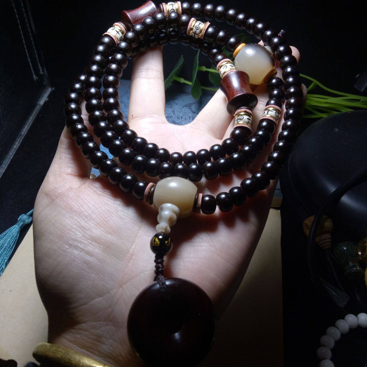 天然椰蒂108颗佛珠手串手链桶珠紫檀平安扣款高密原色