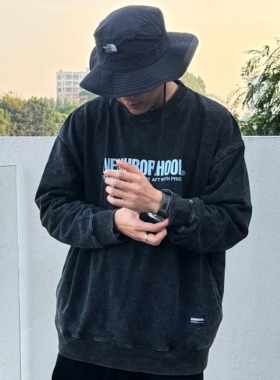 日系潮牌NBHD重磅360g印花蜡染水洗圆领套头卫衣宽松纯棉黑色上衣