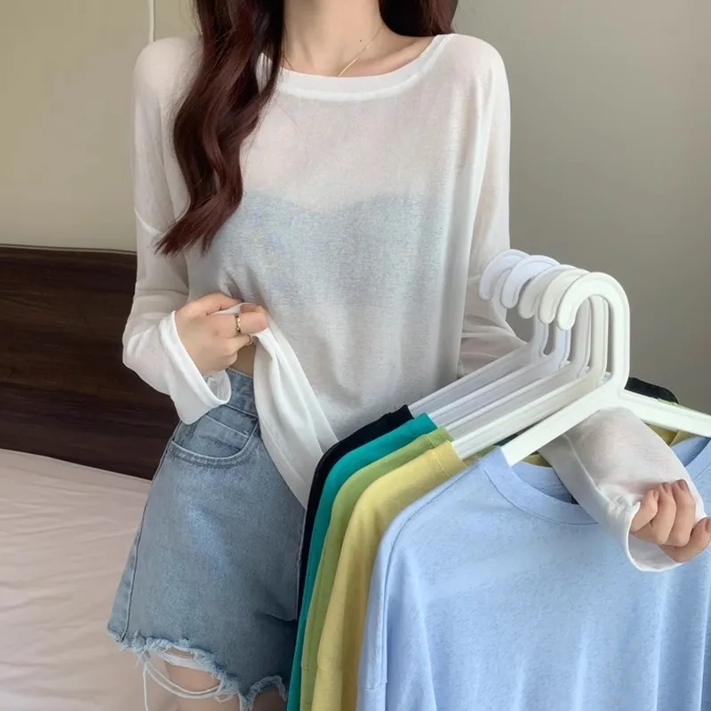 防晒t恤女长袖夏季薄款百搭宽松套头空调罩衫冰丝上衣冰丝防晒