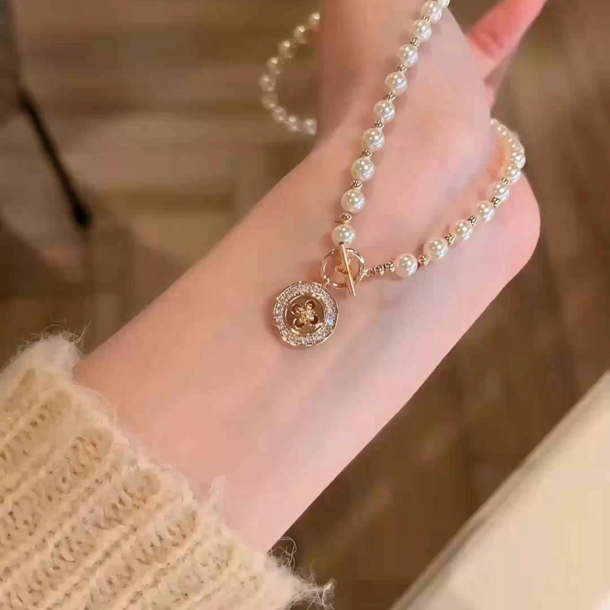 法式优雅珍珠OT扣款纽扣吊坠项链