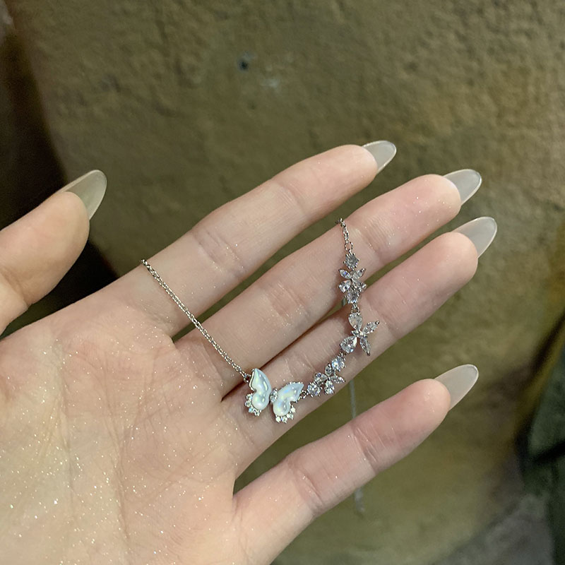 夏季白色贝母闪锆蝴蝶项链女