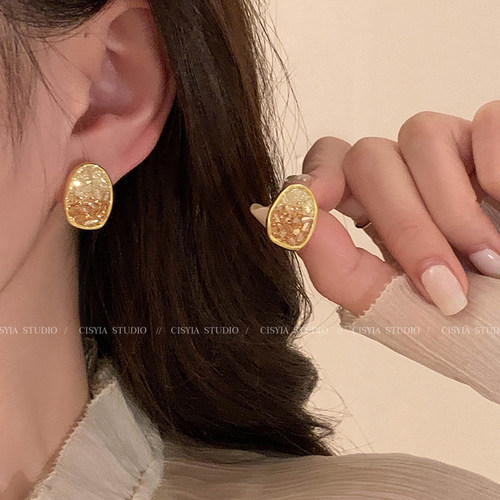 橘色水晶耳钉耳环女轻奢小众