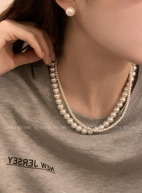 双层珍珠项链颈链女轻奢高级设计感小众锁骨链choker2025新款爆款