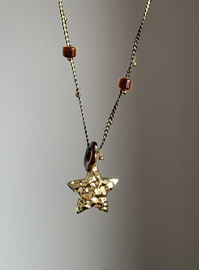 复古美拉德锤纹金色星星虎眼石吊坠项链长款编绳毛衣链挂脖配饰女