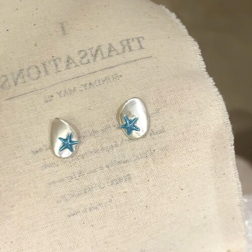海洋风蓝海星耳钉女哑光银不规则