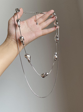 银色冷淡风双层叠戴项链配饰女