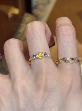 黄色锆石小方糖戒指小众设计感