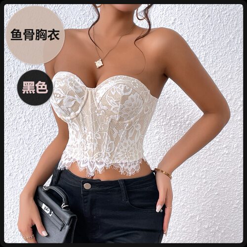 欧美女装上衣热销性感蕾丝睫毛花朵高级感内搭抹胸背心