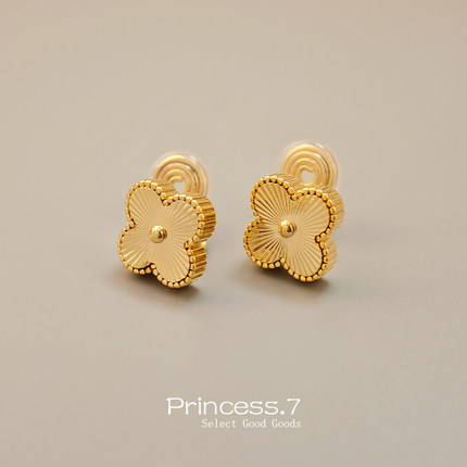 轻奢简约百搭金色镭射四叶草耳夹无耳洞女高级感蚊香盘耳环耳饰品