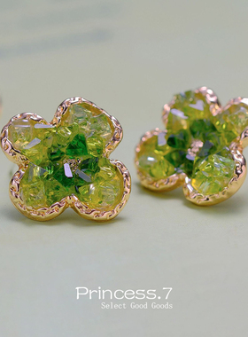 小众设计绿色水晶花朵蚊香盘耳夹女无耳洞高级感耳饰森系气质耳钉