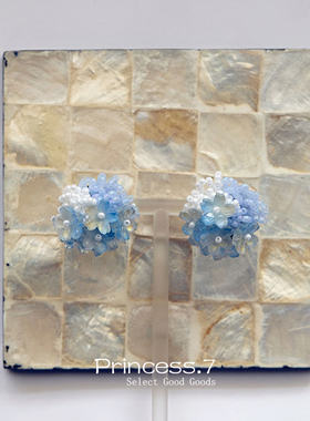 超仙氛围感奶蓝色米珠绣球花朵耳夹蚊香盘高级小众气质温柔耳饰品