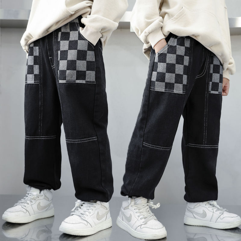 男童牛仔裤秋冬款加绒加厚中大童修身格子长裤弹力小脚裤韩版潮