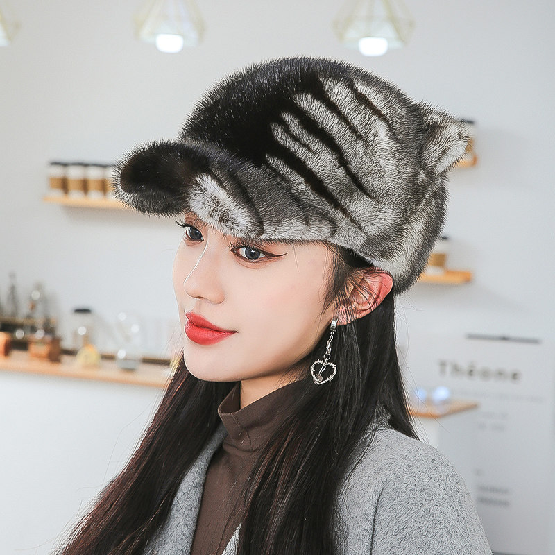水貂皮帽子 整貂皮毛猫耳朵女帽冬季保暖护耳鸭舌帽时尚可爱百搭