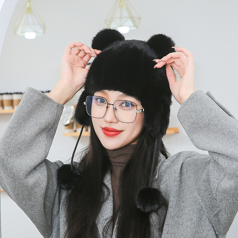 新款水貂皮帽子男女士冬季保暖儿童可爱猫耳朵护耳真水貂毛皮草帽
