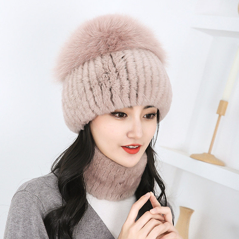 新款獭兔毛帽子女冬季韩版百搭保暖护耳真狐狸毛球皮草帽围脖套头
