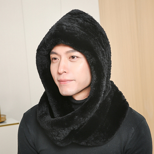 男士冬季保暖加厚护耳风雪帽獭兔毛双面皮草帽子围巾连一体围脖女