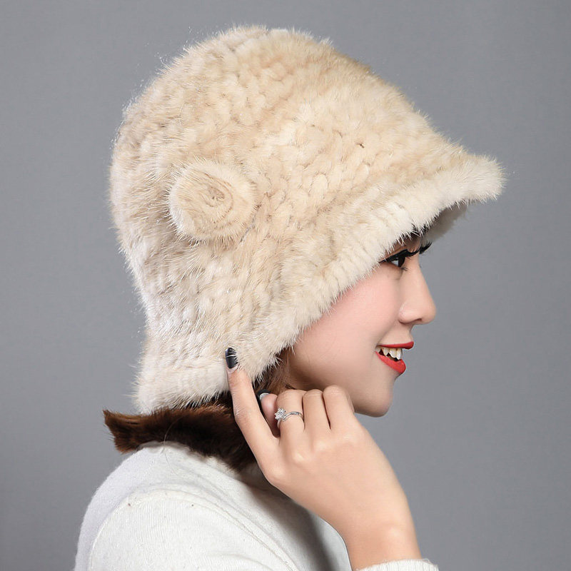 水貂毛帽子女秋冬季韩版毛线编织渔夫盆帽保暖护耳花朵礼帽皮草帽