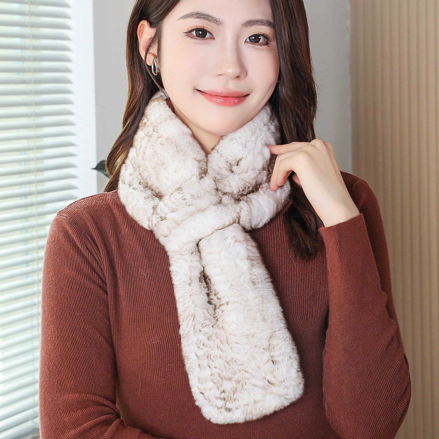 真毛全手工编织獭兔毛围巾简约百搭皮草保暖围脖双面加厚毛领子女