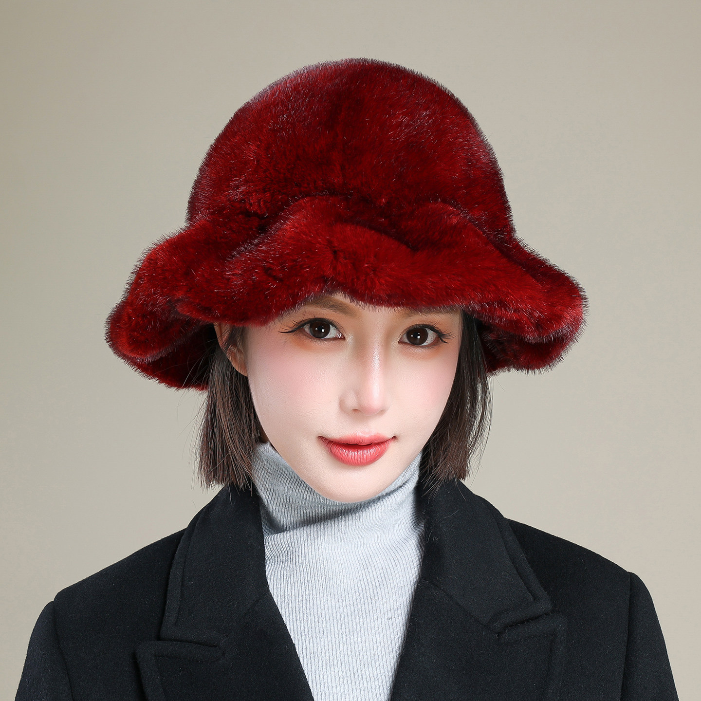 仿貂皮草帽子女冬水貂毛帽子冬季保暖护耳时尚礼帽渔夫盆帽荷叶边