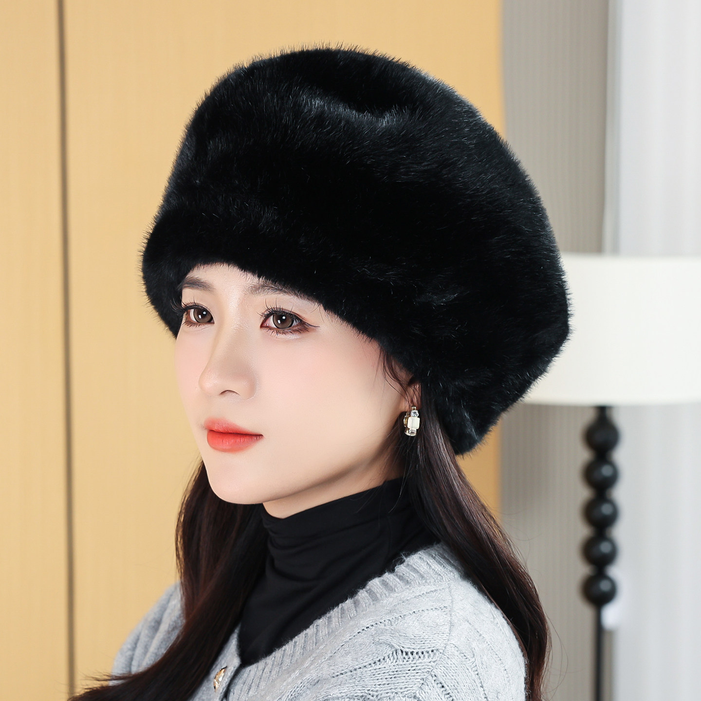 仿水貂皮帽子女士冬季护耳保暖仿貂皮毛冬天裘皮水貂绒皮草贝雷帽